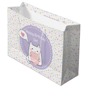 Grand Sac Cadeau Joyeux anniversaire Kawaii Chat avec un coeur d'am