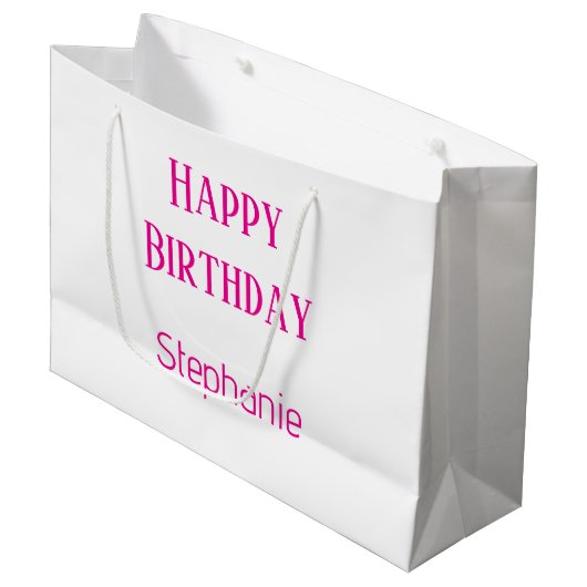 Grand Sac Cadeau Joyeux Anniversaire Monogramme Nom Blanc Hot Rose  (Devant Angle)