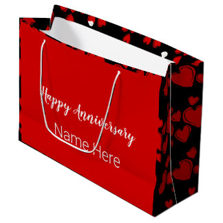 Grand Sac Cadeau Joyeux anniversaire Noir et Rouge avec Coeurs
