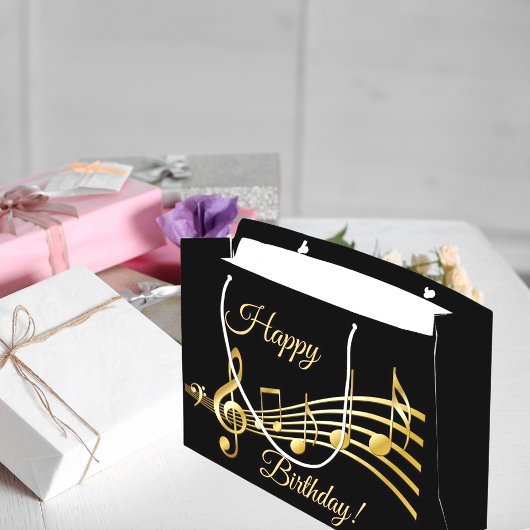 Grand Sac Cadeau Joyeux Anniversaire noir notes de musique
