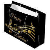 Grand Sac Cadeau Joyeux Anniversaire noir notes de musique (Devant Angle)