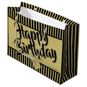 Grand Sac Cadeau Joyeux Anniversaire Noir/Or Simple Stripes Motif