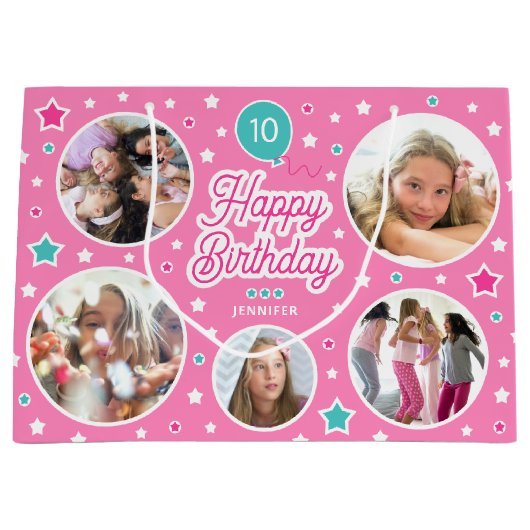 Grand Sac Cadeau Joyeux Anniversaire Nom Age Photo Collage rose vif (Devant)