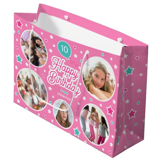 Grand Sac Cadeau Joyeux Anniversaire Nom Age Photo Collage rose vif (Devant Angle)
