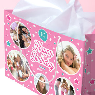 Grand Sac Cadeau Joyeux Anniversaire Nom Age Photo Collage rose vif