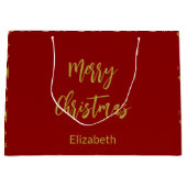 Grand Sac Cadeau Joyeux Arbres de Noël Rouge profond et Or Nom Text (Devant)
