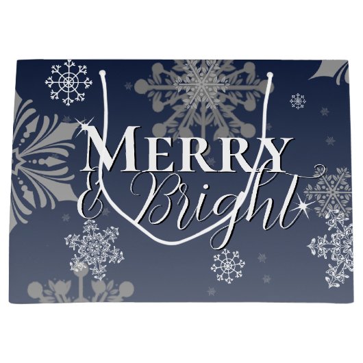 Grand Sac Cadeau Joyeux bleu et flèches de neige brillantes Noël (Devant)