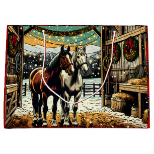 Grand Sac Cadeau Joyeux Chevaux de Cartoon de Noël