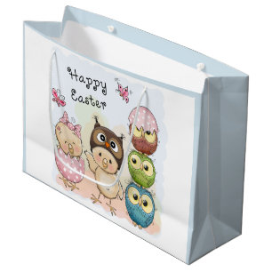 Grand Sac Cadeau Joyeux Chouette de Pâques Cute Chicks Bleu Vacan