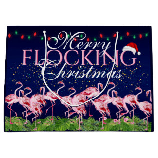 Grand Sac Cadeau Joyeux Flamant rose rose de Noël