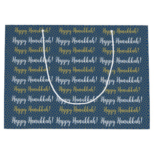 Grand Sac Cadeau Joyeux Hanoukka bleu, or et blanc (Devant)