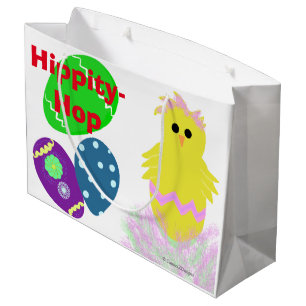 Grand Sac Cadeau Joyeux lapin de Pâques Jaune rose oeufs de poussin
