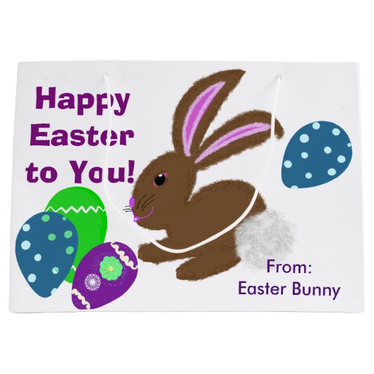 Grand Sac Cadeau Joyeux lapin de Pâques oeufs de poussins rose jaun (Devant)