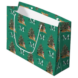Grand Sac Cadeau Joyeux Monogramme de Noël personnalisé Tigre et ve