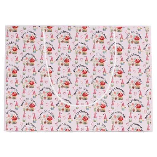 Grand Sac Cadeau Joyeux Noël Aquarelle Gnome Et Champignons (Devant)