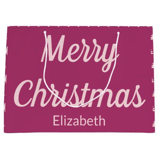 Grand Sac Cadeau Joyeux Noël Arbres rose profonde et rose pâle Nom (Devant)