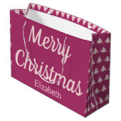 Grand Sac Cadeau Joyeux Noël Arbres rose profonde et rose pâle Nom (Dos Angle)