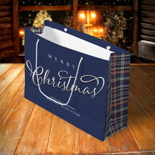 Grand Sac Cadeau Joyeux Noël Calligraphie Script Navy Blue Plaid