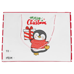 Grand Sac Cadeau Joyeux Noël de Pingouin mignon