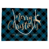 Grand Sac Cadeau Joyeux Noël d'or Noir et Bleu Plaid (Dos)