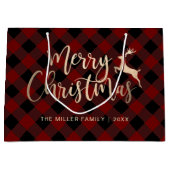 Grand Sac Cadeau Joyeux Noël d'or Noir & Rouge Plaid (Devant)