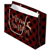 Grand Sac Cadeau Joyeux Noël d'or Noir & Rouge Plaid (Devant Angle)