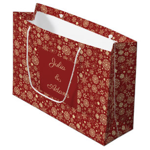 Grand Sac Cadeau Joyeux Noël élégant faux flocon de neige rouge or