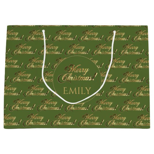 Grand Sac Cadeau Joyeux Noël Elégant Olive Green Gold Script (Devant)