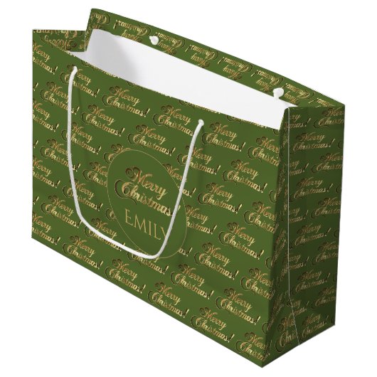 Grand Sac Cadeau Joyeux Noël Elégant Olive Green Gold Script (Devant Angle)