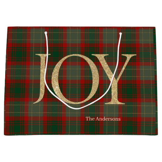 Grand Sac Cadeau Joyeux Noël moderne Joy rouge tartan (Devant)