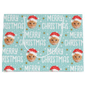 Grand Sac Cadeau Joyeux Noël Père Noël Photo Mignonne Visage Bleu (Devant)