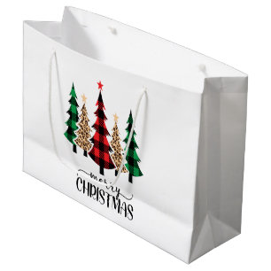 Grand Sac Cadeau Joyeux Noël Red Green Plaid Arbres