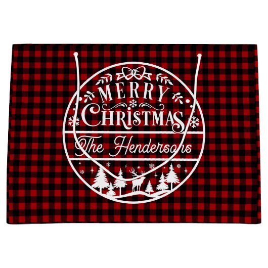 Grand Sac Cadeau Joyeux Noël Rouge & Buffle noir Plaid Custom (Devant)
