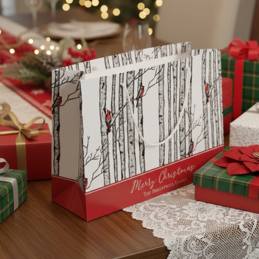 Grand Sac Cadeau Joyeux Noël Rouge Cardinal Oiseau & Birch Tree