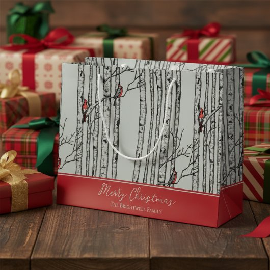Grand Sac Cadeau Joyeux Noël Rouge Cardinal Oiseau & Birch Tree