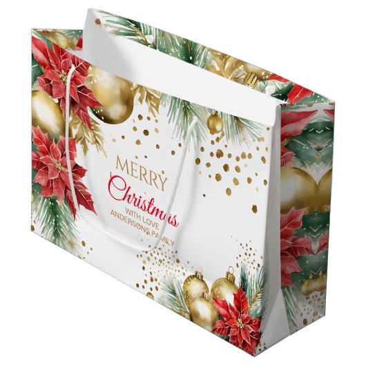 Grand Sac Cadeau Joyeux Noël rouge poinsettia or baubles (Devant Angle)