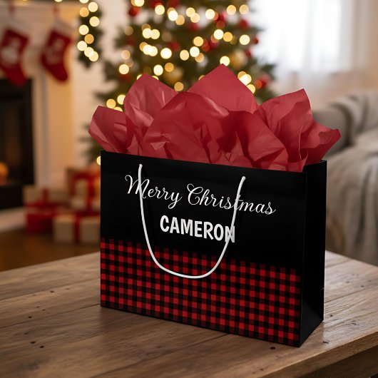 Grand Sac Cadeau Joyeux Noël Rustique Rouge & Buffalo noir Plaid