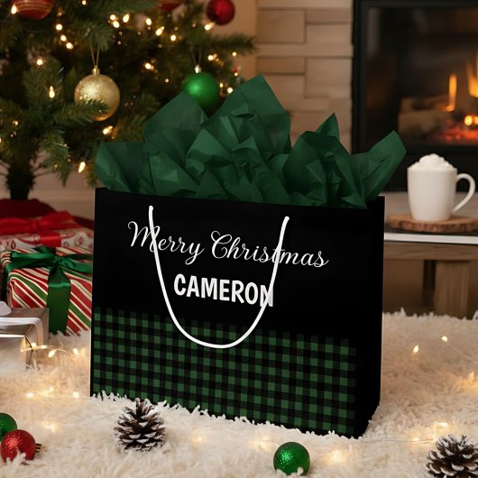 Grand Sac Cadeau Joyeux Noël Rustique Vert & Noir Buffalo Plaid