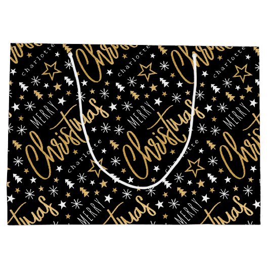 Grand Sac Cadeau Joyeux Noël Script Custom Name Black Faux Gold (Dos)
