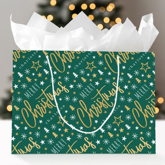 Grand Sac Cadeau Joyeux Noël Script Custom Name Green Faux Gold