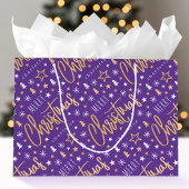 Grand Sac Cadeau Joyeux Noël Script personnalisé violet Faux Or