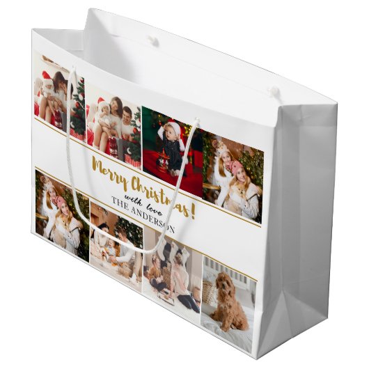 Grand Sac Cadeau Joyeux Noël Vert Élégant Photos Modernes (Devant Angle)