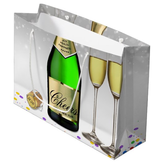 Grand Sac Cadeau Joyeux Nouvel An 2025 Bouteille Sparkling Vin (Devant Angle)
