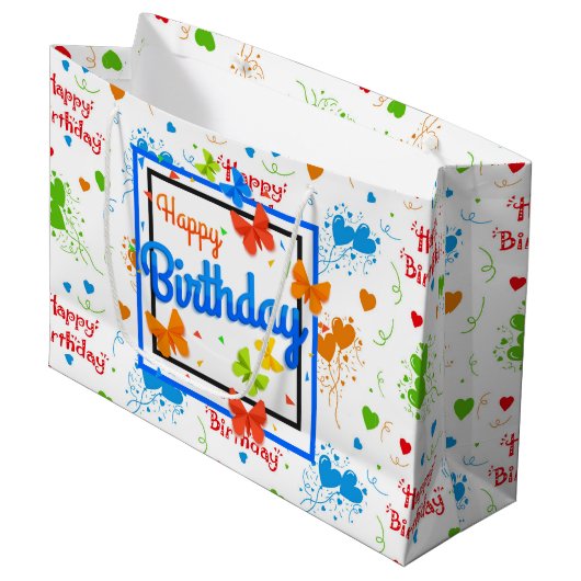 Grand Sac Cadeau Joyeux papillons d'anniversaire (Devant Angle)