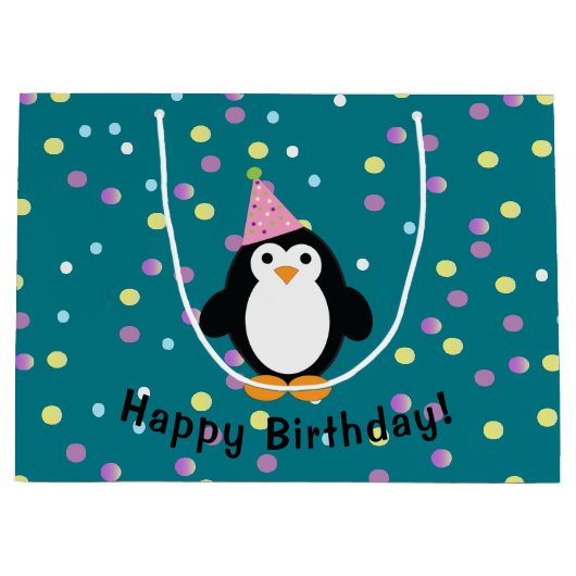 Grand Sac Cadeau Joyeux Penguin de fête d'anniversaire (Devant)