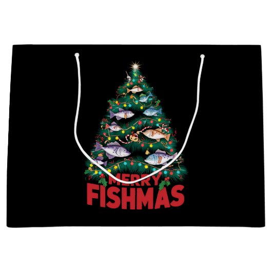 Grand Sac Cadeau Joyeux Poissons de Noël Lumières Poissons Pêche (Devant)