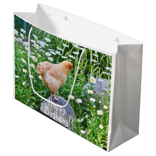 Grand Sac Cadeau Joyeux Poulet D'Anniversaire Avec Marguerites (Devant Angle)