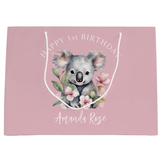 Grand Sac Cadeau Joyeux premier anniversaire aquarelle Koala (Devant)