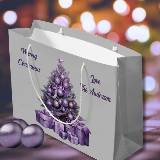 Grand Sac Cadeau Joyeux sapin de Noël violet