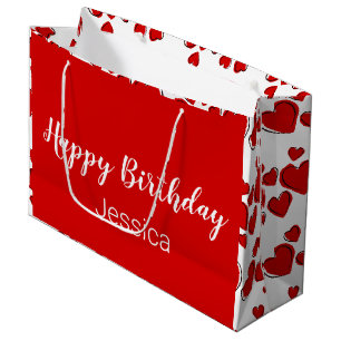 Grand Sac Cadeau Joyeux script d'anniversaire Coeurs blanc et rouge